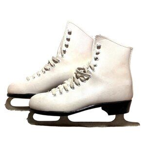 Vintage Lange Classic Ice Skates Womens Size 6 White Leather Canada Figure Skate